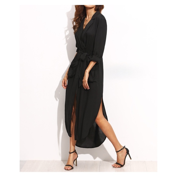 Black Button Down Maxi Shirt Dress Belted - Picture 7 of 7